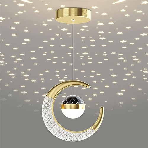 Wylolik Kreativer Stern-Kronleuchter, warmes Nachttisch-Schlafzimmer, LED-Lampe, Pendelleuchte mit Mond- und Sternprojektion, 10 W Hängebeleuchtung für Kücheninsel, asiatische Hängelampen für Schlafzi von Wylolik