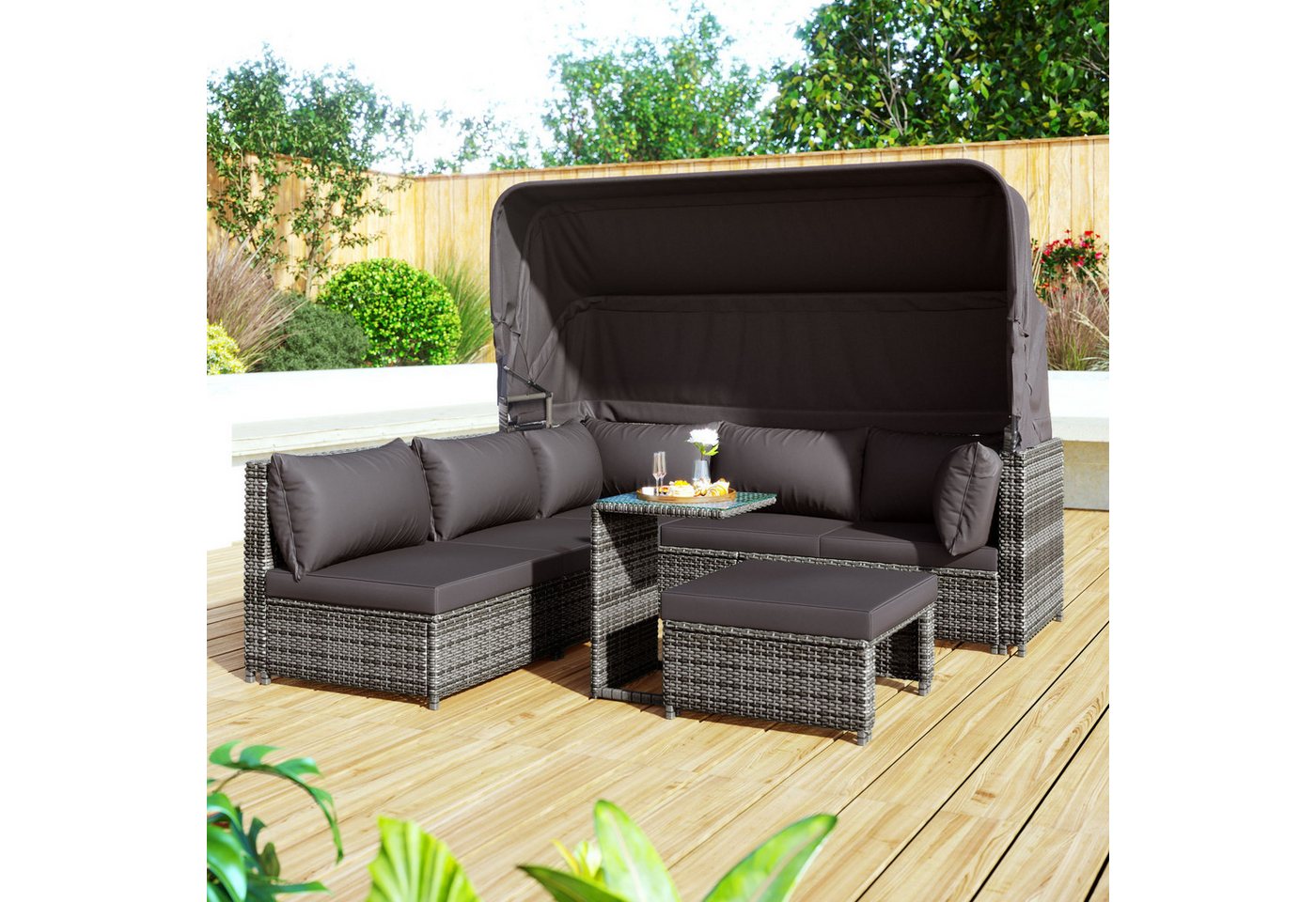 XDOVET Gartenlounge-Set Gartenmöbel Rattan Sonneninsel Sitzgruppe Terrassen Wetterfest, Sofa mit Sonnendach, Hocker, Sesseln und Tisch, Loungemöbel von XDOVET