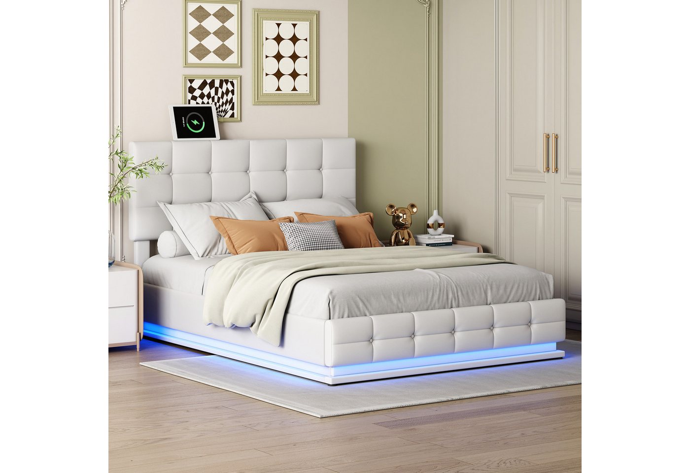 XDOVET Polsterbett LED Beleuchtung & Hydraulisch anhebbarer Bettstauraum 140x200, Bettkasten & Lattenrost Bezug aus Kunstleder Doppelbett von XDOVET