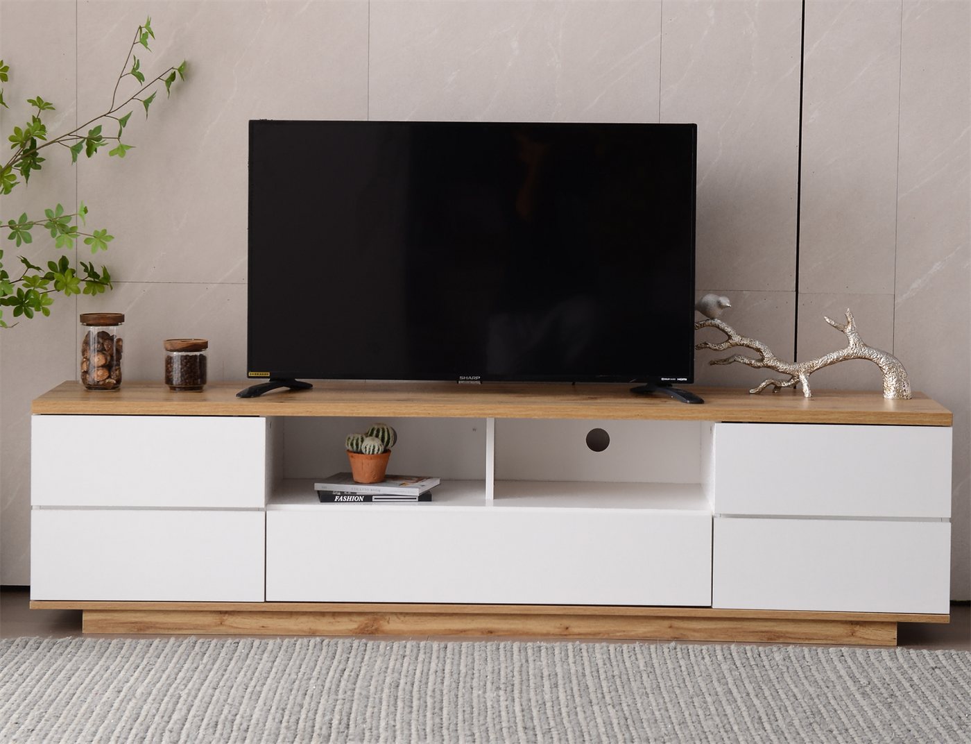 XDOVET TV-Schrank Moderner Farbblock-TV Kabinetts in weißer Ausführung TV-Möbel mit Holzmaserung, 180 cm von XDOVET