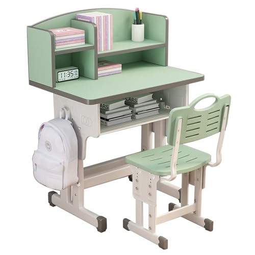 XDXINY Kindertisch-Stuhl-Sets, höhenverstellbarer, ergonomischer Kinder-Schreibtisch, Computer-Arbeitsplatz mit großer Schublade, integriertem Bücherregal, Kinderzimmermöbel (Green) von XDXINY