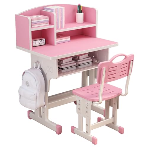 XDXINY Kindertisch-Stuhl-Sets, höhenverstellbarer, ergonomischer Kinder-Schreibtisch, Computer-Arbeitsplatz mit großer Schublade, integriertem Bücherregal, Kinderzimmermöbel (Pink) von XDXINY