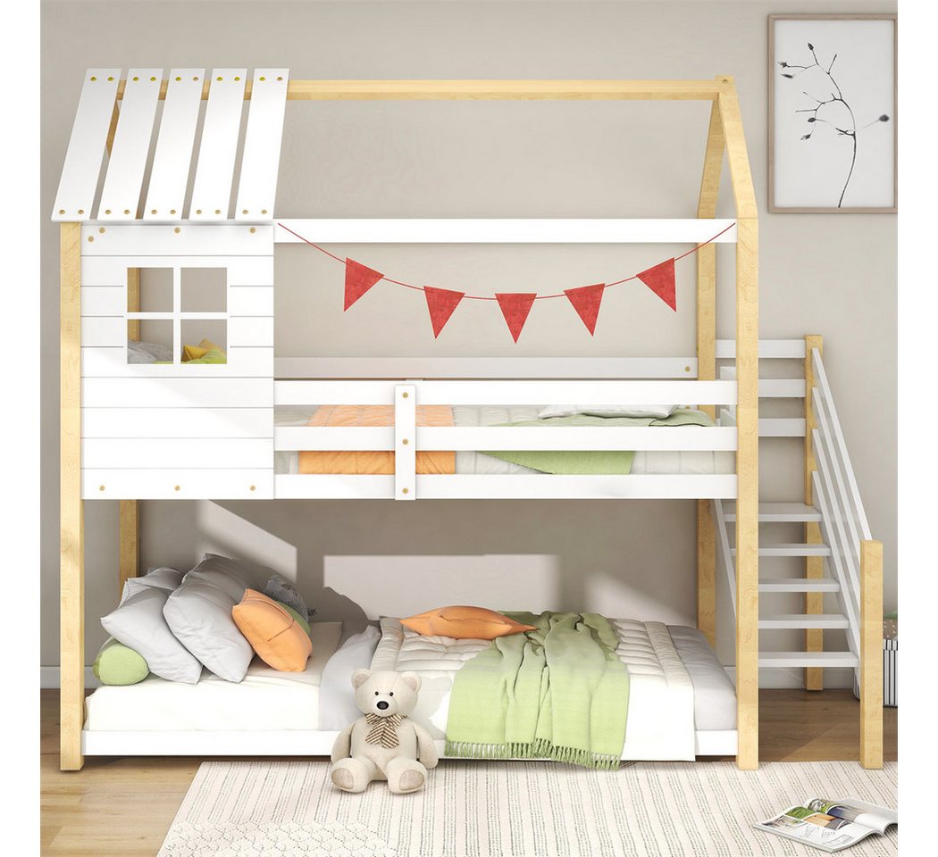 XDeer Etagenbett Kinderbett mit Ecktreppe, Hausbett Fallschutz und Gitter, mit Fenster, Rahmen aus Kiefer, weiß+natur (200x90cm) von XDeer