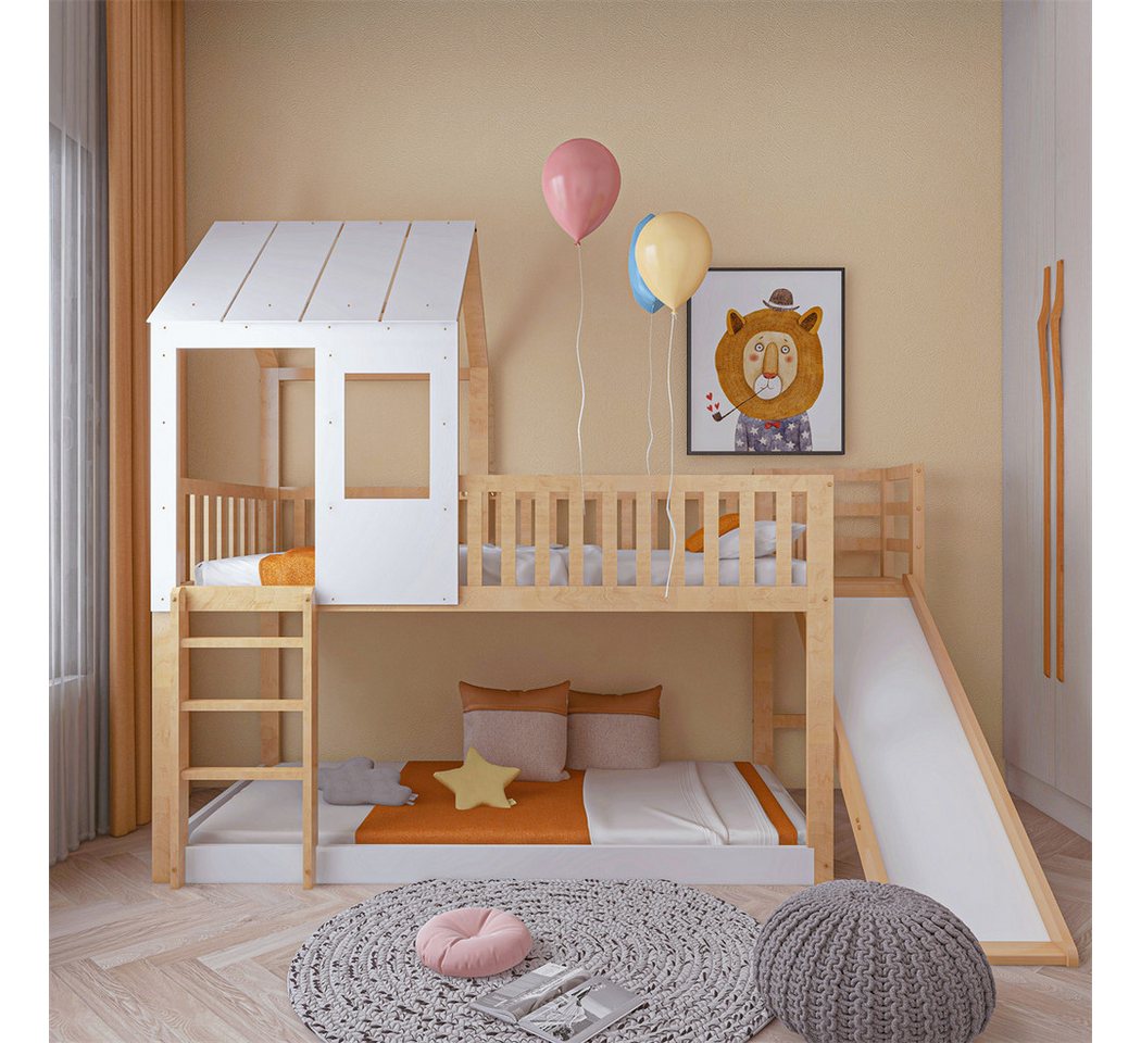 XDeer Etagenbett Kinderbett mit rechtwinkliger Leiter und Rutsche, 90x200, Hausbett mit Dach und Fenster, Rahmen aus Kiefer von XDeer