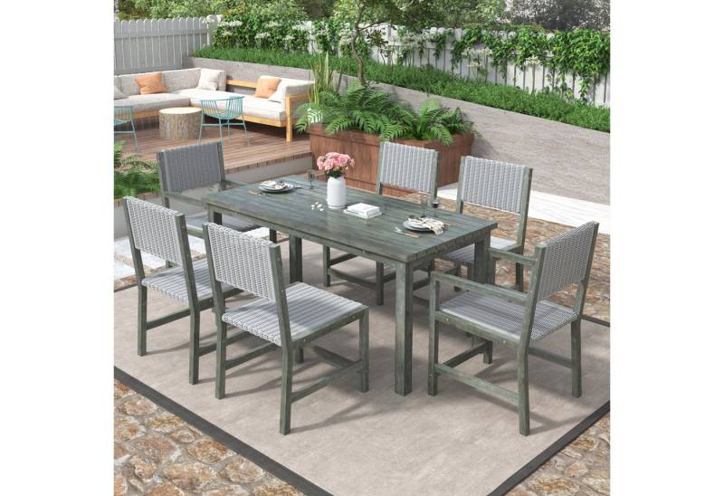 XDeer Gartenlounge-Set Gartenmöbel-Set 7-teiliges Outdoor-Esstisch-Set für 6 Personen, Tischplatte Stuhlgestell aus Akazienholz Lounge-Set aus PE-Rattan von XDeer