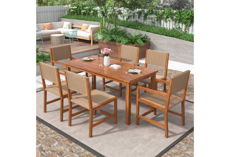 XDeer Gartenlounge-Set Gartenmöbel-Set 7-teiliges Outdoor-Esstisch-Set für 6 Personen, Tischplatte Stuhlgestell aus Akazienholz Lounge-Set aus PE-Rattan von XDeer