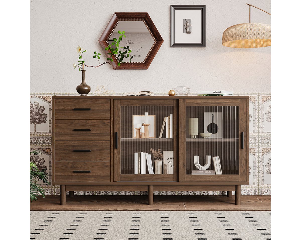 XDeer Highboard Holzanrichte Sideboard mit Glasvitrine 4 Schubladen, 2 Glastüren Wohnzimmerunterschrank Eckschrank Glasvitrine von XDeer