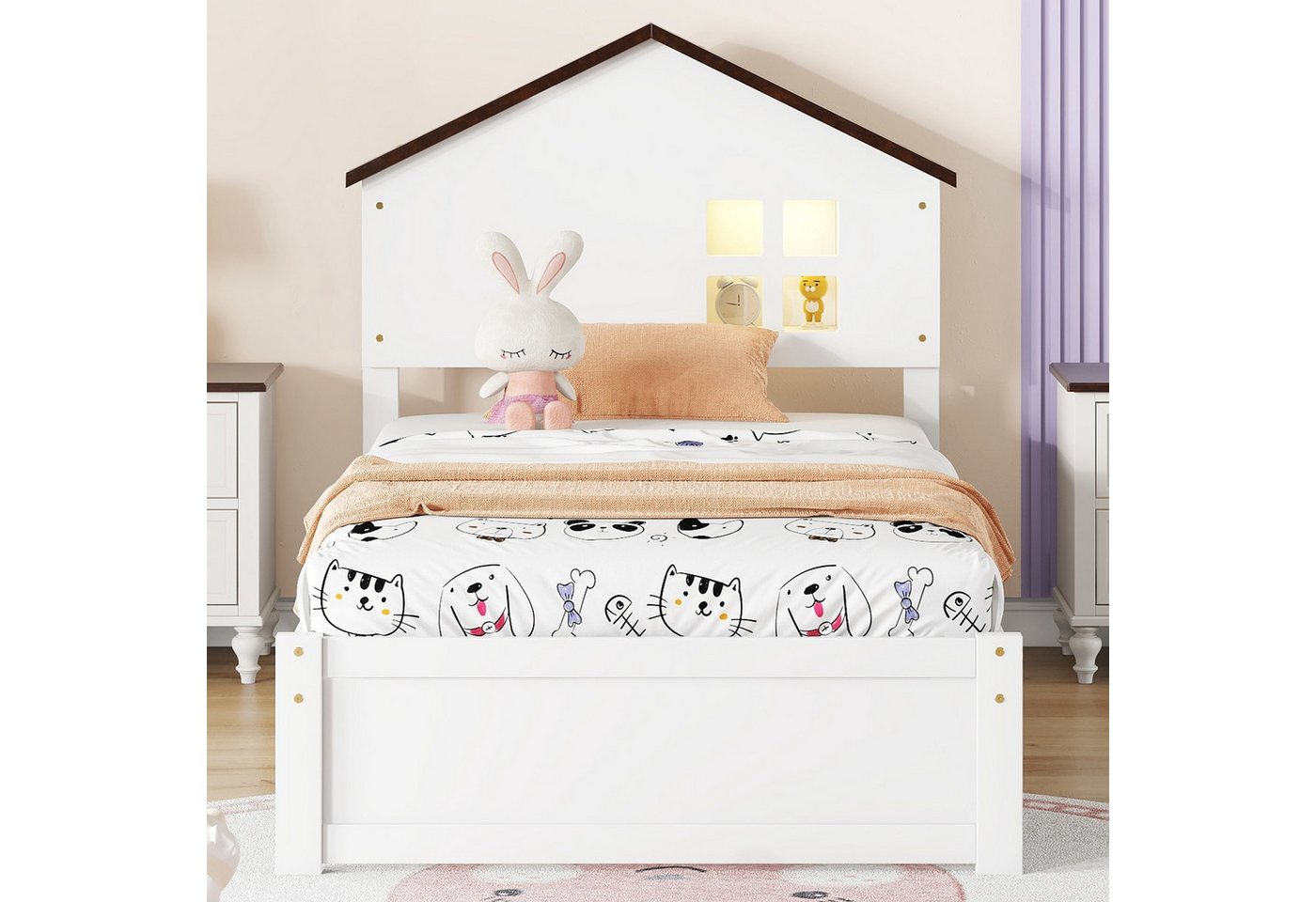 XDeer Kinderbett 90*200cm hausförmiges Kinderbett, flaches Bett, weiß, kleine Fensterdekoration, LED-Nachtlicht, Massivholz von XDeer
