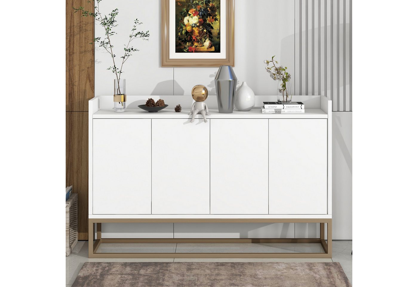 XDeer Sideboard Modernes Sideboard im Minimalistischen Stil 120 × 30 × 80 cm, 4-türiger Griffloser Buffetschrank Weiß von XDeer