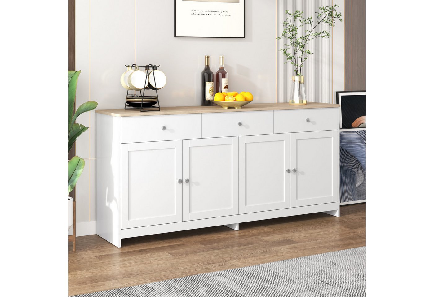 XDeer Sideboard Sideboard Kommode Standschrank 160cm mit weißer Holzmaserung, vier Türen drei Schubladen Wohnzimmer Esszimmer Holzfarbe Weiß von XDeer