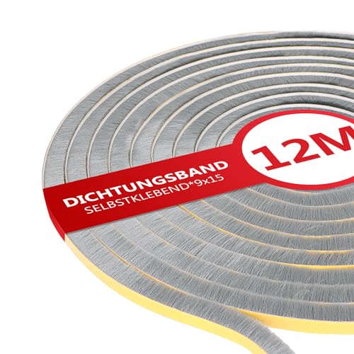 XEEINC 12m Bürstendichtung Selbstklebend, 9mm(B) x 15mm(D) Bürstendichtung für Rolladen Schiebetür, mit Idealer Klebkraft, Türbürstendichtung Dichtungsband Insektenschutz für Fenster Tür - Grau von XEEINC