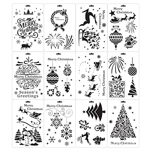 12-teiliges Mehrzweck-Schablonen-Set für Weihnachtsmalerei, PET, personalisierbar, kratzfest, waschbar, Weihnachtsschablonen zum Malen auf Holz, Leinwand, Hemden, Basteln, Glasornamenten von XEYYHAS