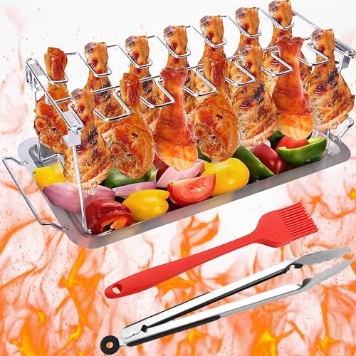 XFLYP Hähnchenhalter Grill, Edelstahl vertikal Bräter Huhn Halterung mit Drip Pfanne für Backofen oder Grill Grill Zubehör Hähnchenbräter, Klappbarer Designgrill(Hähnchenschenkel-Halter) von XFLYP