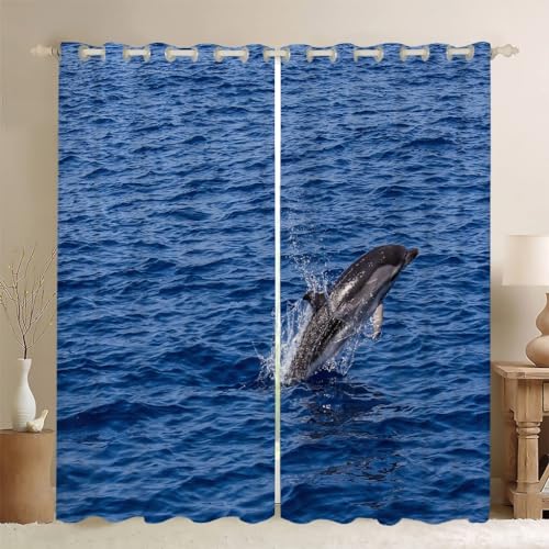 Delfin Verdunklungsvorhänge Blickdichte Vorhänge, Schiebegardinen Blaues Meer Vorhang Blickdicht Curtains mit Ösen für Wohnzimmer Schlafzimmer Kinderzimmer 2er Set 245x140cm (Hxb) von XIANGXIANG