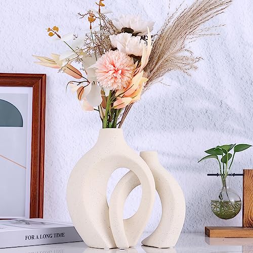 XIAOMAGG Keramik vase beige 2er Set, deko Wohnzimmer modern Keramikvase Boho Deko Hochzeit Tischdeko Blumendeko Wohnzimmer Schlafzimmer Tischdeko (Elfenbeinweiß) von XIAOMAGG
