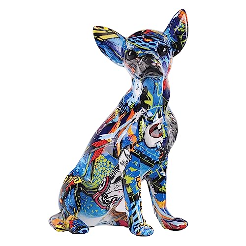 XIAOMAGG Kreative Graffiti-Chihuahua-Hundestatue, Skulptur, Ornament, Wohnzimmerdekoration, Eingangsbereich, Weinschrank, Bürodekoration, Kunstharz, Kunsthandwerk (Graffiti-Blau) von XIAOMAGG