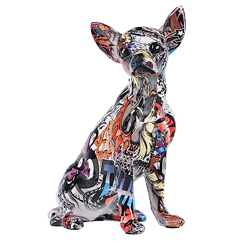 XIAOMAGG Kreative Graffiti Chihuahua Hundestatue, Skulptur Ornament, Wohnzimmerdekoration, Eingangsbereich, Weinschrank, Bürodekoration, Kunstharz, Kunsthandwerk (Graffiti-Orange) von XIAOMAGG