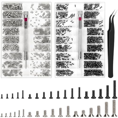 XIATIAN 1000 Stück Kleine Schrauben Set, M1.2 M1.4 M2 Winzige Mikroschrauben, Uhrenbrille Computer Ersatzschrauben mit Schraubendreher Pinzette für Brillen Schrauben, Uhren, Maus, Lapto von XIATIAN