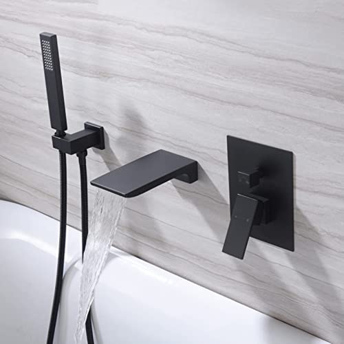 XJTNLB Badewannenarmatur Schwarz Wasserfall mit Brause Mischbatterie Badewanne Unterputz Wannenarmatur Wasserfall mit Handbrause Armatur Badewanne Dusche,Schwarz von XJTNLB