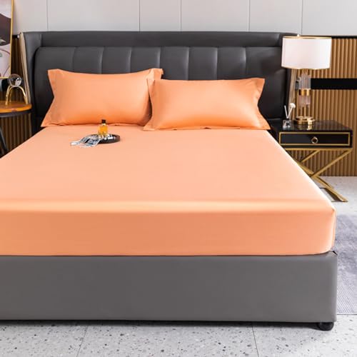 XKrmp Summer Ice Cooling Silky Bed Fitted Sheet Pillow Cover, Vegan Silk Cooling Bed Sheets, Silk Pillowcase and Sheets Set Three-Piece Set, Mattress Protector Cover Bedding (Orange,C) von XKrmp
