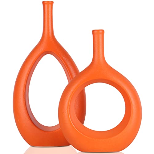 Orange Keramik Vase 2er Set - Moderne Wohnkultur Vasen für Pampasgras und Blumen im nordischen Minimalismus Stil - Perfekt für Wohnzimmer, Hochzeit, Esstisch, Party, Büro, Schlafzimmer Dekor von XMGZQ