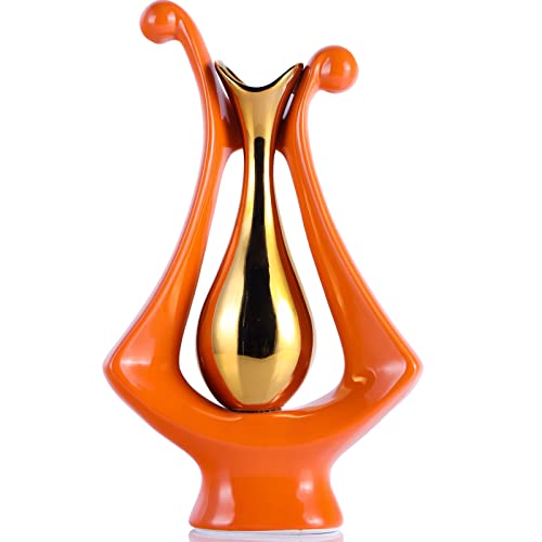 Orangene Vase, goldene und orangefarbene Keramikvasen für Dekoration, orange-goldene Vase, Heimdekoration, moderne Deko-Akzente, orangefarbenes Wohnzimmer-Dekor, Zimmer, Bücherregal, Kaminsims, Regal, von XMGZQ