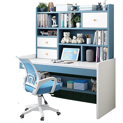 XNYXLPP Funktionelles Kinderschreibtisch- und Stuhlset mit Bücherregal, Schubladen und Ablagefach mit höhenverstellbarem Kinderstuhl (A Blue) von XNYXLPP