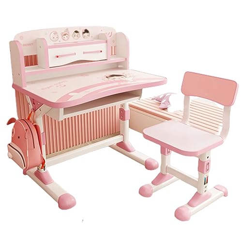 XNYXLPP Kinderschreibtisch- und Stuhlkombination, Bücherregalkombination, verstellbare Schreibtischhöhe, mit Schubladen und Augenschutzlampe (pink) von XNYXLPP