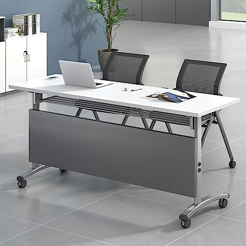 XNZJHPP Mobiler Flip-Train-Tisch mit feststellbaren Rollen, zusammenklappbarer Büro-Computertisch, multifunktionaler Kombinationstisch mit Stahlfüßen (Grey White 120 * 60 * 75cm) von XNZJHPP