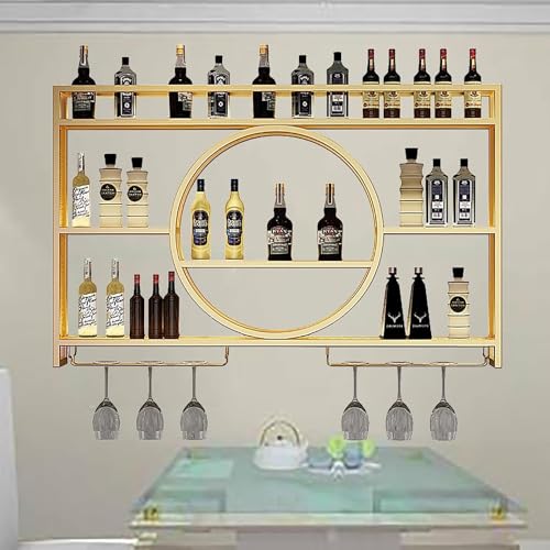Modernes, an der Wand montiertes Weinregal, schwebende Bar-Präsentationsregale, 3-stufiges Weinflaschenregal aus Metall mit Stielglasregal, hängende, multifunktionale Weinaufbewahrung, für Zuhause, Re von XONJEMU