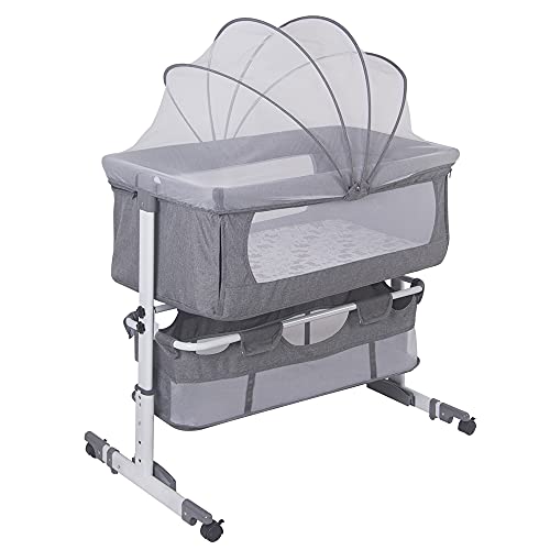 XUANYU Babybett und Babywiege, Beistellbett Baby mit Rollen, Matratze und Moskitonetz, Reisebett Baby für Babys von 1 bis 36 Monaten, Matratzenstärke 2 cm (Grau-weiß C 92×58×(70-90) cm) von XUANYU