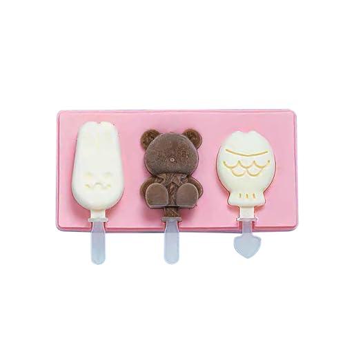 Eisformen Eis am Stiel Eisformen Silikon DIY Eis Form 3 Zellen Eiscreme Formen Rosa Tiere Popsicle Eisform BPA Frei Cake Pop Ice Lolly Mould Eis mit Deckel und 3 Stiel für DIY Dessert von XUEHOU