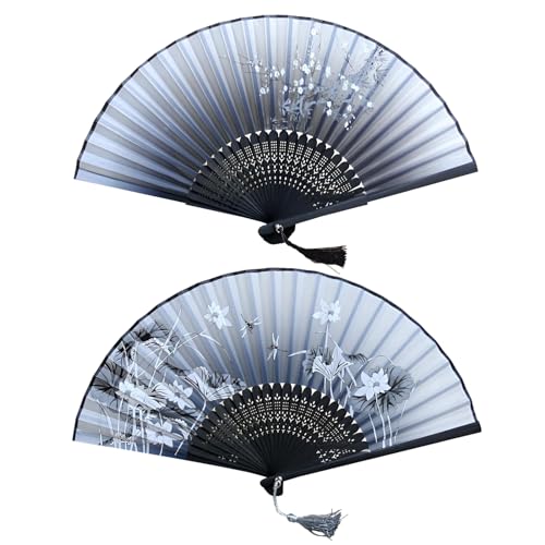 XUEHOU Fächer 2 Stück Folding Fans Handheld Chinesischer Blumen Fächer Bambus Schwarz Handfächer Faltbarer Hochzeitsfächer Vintage Hand Fan mit Quaste Seide Handfächer für Damen, Party, Wanddeko von XUEHOU