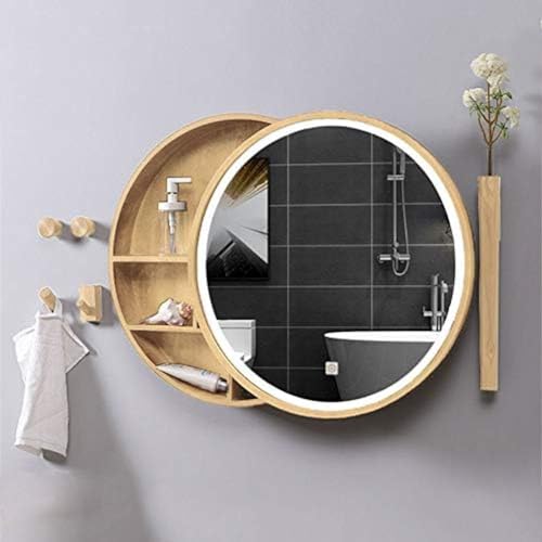 Badezimmerspiegelschrank mit LED-Beleuchtung/LED-Licht, beschlagfreier Badezimmerspiegel aus massivem Holz/runder Kosmetikspiegel zur Wandmontage, Holzfarbe, 70 (27,5 Zoll) von XUEYEDI