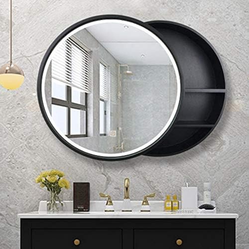 Badezimmerspiegelschrank mit LED-Beleuchtung/LED-Licht, beschlagfreier Badezimmerspiegel aus massivem Holz/runder Kosmetikspiegel zur Wandmontage, Schwarz, 70 (27,5 Zoll) von XUEYEDI