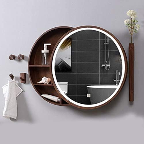 Badezimmerspiegelschrank mit LED-Beleuchtung/LED-Licht, beschlagfreier Badezimmerspiegel aus massivem Holz/runder Kosmetikspiegel zur Wandmontage, Walnussfarbe, 50 cm (20 Zoll) von XUEYEDI