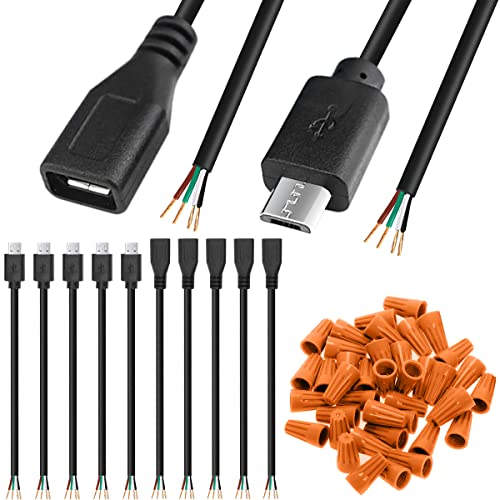 Xiatiaosann Kabel USB 2.0 Micro Stecker Buchse auf 4-Pin Kabelenden, USB 2.0-Anschluss auf 4-Draht-Netzteil-Verlängerungskabel Ladekabel Anschluss für Arduino, Micro USB männlich weiblich, 10 Stück von Xiatiaosann