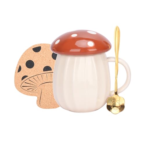 XinHuiGY Pilz Becher, niedliche Kaffeetasse mit Deckel und Blumenlöffel, Kawaii-Pilz-Teetassen, 250 ml, lustige Pilztasse für Milch, Geschenk für Frauen, Mädchen, Weihnachten, Geburtstage von XinHuiGY