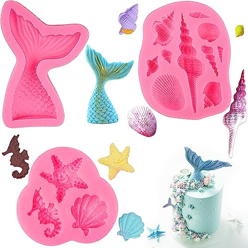 Xingrun Meerestiere Fondant Formen Silikonform Meerjungfrau Flosse 3D Ozean Silikon Backform Diy Silikon Seifenform Meerjungfrau Schwanz Silikonform Seestern Seepferdchen Muschel Fischschwanz,3 Stück von Xingrun