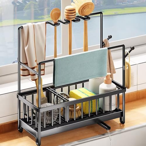 Xinwanhong Spülbecken Organizer, Küchen Organizer Spüle Metall mit Abflusspfanne, Abnehmbare Trennwände, Geschirrtuchaufhänger und Bürstenablage, Kitchen Sink Caddy Organizer, Schwarz von Xinwanhong