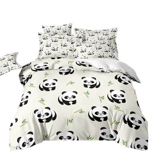 Xisnuient 2/3 Stück Bettbezug Set für Jungen Mädchen Cute Cartoon Bambus Panda Schwarz und Weiß Bettwäscheset aus Mikrofaser mit Reißverschluss Bettbezug und Kissenbezug 50x75 cm (Beige,135x200 cm) von Xisnuient