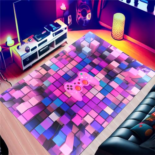 Xisnuient 3D Teppich Für Wohnzimmer Neon Graffit Kinderteppich Gamer Spiele Doodle Junge Teenager Waschbar Anti-Rutsch-Spiel Bodenmatten Schlafzimmer Fußmatte (Rosa,80x120cm) von Xisnuient