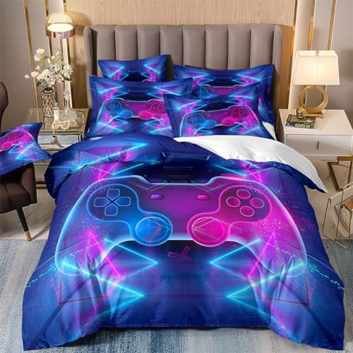 Xisnuient Gamepad Bettwäsche Set Für Jungen Teens Kinder 3D Bunt Graffiti Videospiel Gamer Gaming Controller Thema Bettbezug Mit Kissenbezug Schlafzimmer Dekor (Purple,140x200cm) von Xisnuient