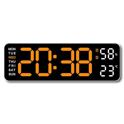 Xptieeck Große Digitale Wanduhr, Temperatur- und Luftfeuchtigkeitswochenanzeige, Elektronischer LED-Tischwecker 12/24 Stunden, Orange von Xptieeck