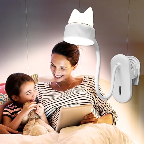 2 in 1 Leselampe Klemmlampe Bett, 4000K 3 Stufige Einstellbar Klemmlampe Augenschonende Klemmlampe, 360° Flexibler Halsgans Leseleuchte Bett, Warmes Licht Kätzchen Nachtlicht Klemmlampe Bett von XunHe