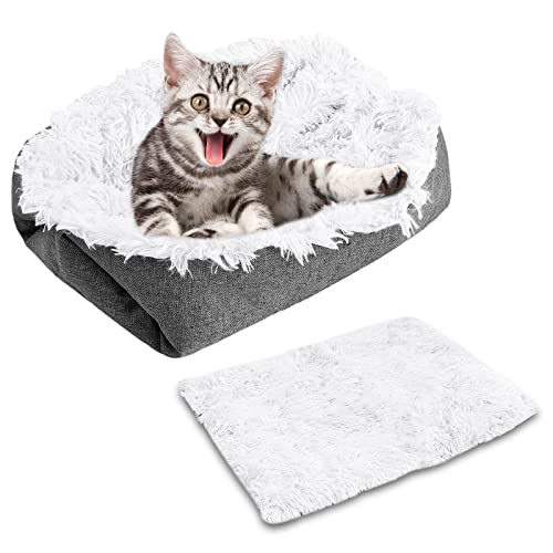 Xzeemo 61cm*51cm Katzenbett, 2-in-1 Haustierbetten, Katzen Schlafplatz, Waschbar Katzensofa, Klein Hund Bett, Fluffy Haustierkissen, Warmes Welpenbett, Flauschige Katzenbett (Weiß) von Xzeemo