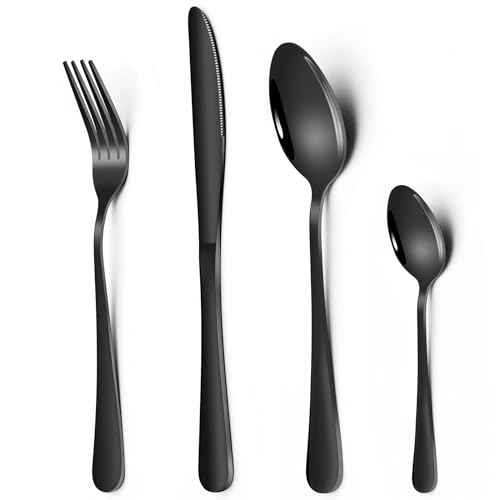 Schwarz Besteck Set, 24 teilig Edelstahl Essbesteck Set für 6 Personen, mit Messer Gabel Löffel, Tafelbesteck für Haus/Party/Restaurant, Spülmaschinenfest & Hochglanzpoliert von YADALEKF