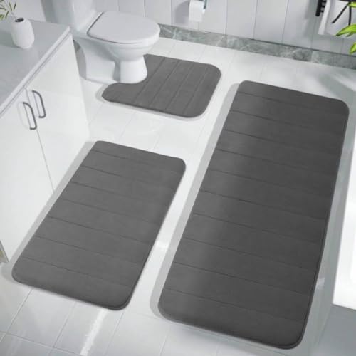 Memory-Schaum-Badematten-Set, 3-teilig, moderner Badezimmerteppich, waschbare Badezimmermatten, extra saugfähige weiche Badematten-Sets, rutschfester U-förmiger Toilettenvorleger for Fußmatten, Badewa von YAERLE