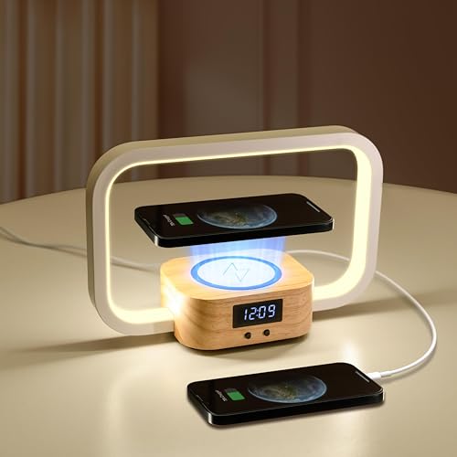 YAMYONE Nachttischlampe mit Drahtloses Ladegerät & USB-Aufladung, 5 Farbtemperaturen Stufenloses Dimmen Berührungssteuerung LED-Tischlampe, 3 Helligkeit Holz Uhranzeige Nachtlicht für Schlafzimmer von YAMYONE