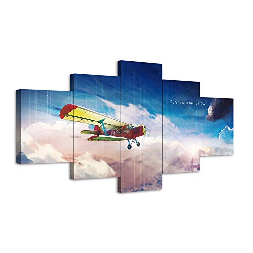 YANCONG Vlies Leinwandbild 5 Teilig Inspirierendes Cartoon-Flugzeug Von Morgen Fliegen Kunstdruck Modern Wandbilder Wanddekoration Design Wand Bild 200X100Cm von YANCONG